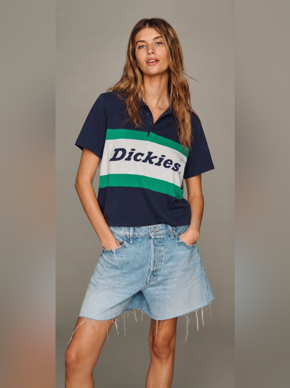 #46 🌷Dickies Navy Polo with Green and White Stripes